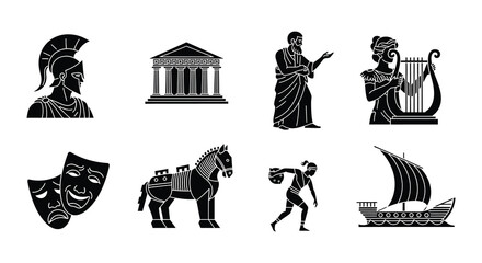 Ancient greece icons helmets temples theatre mythology and historical elements