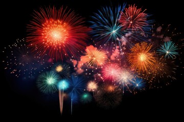 Fototapeta premium Fireworks colorful on black sky outdoors illuminated celebration.