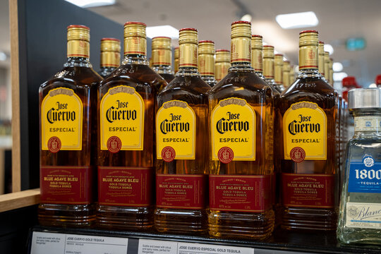 Close up of Jose Cuervo Especial tequila bottles on store shelf. Toronto, Canada - December 3, 2025.