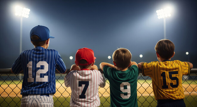 Young baseball players in different uniforms watching game for sportsmanship concept