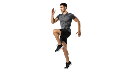Man exercising high knee running isolated on transparent background