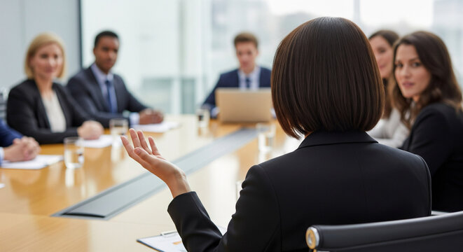 Rear view of businesswoman gesturing while leading team meeting in conference room