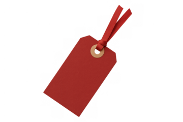 Blank red price tag label with ribbon for special offer, sale, shopping, message or gift packaging, transparent background