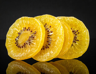 Dried golden kiwi fruit slices isolated on a black background