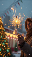 Young woman holding sparkler in winter holiday setting with Christmas tree and falling snow
