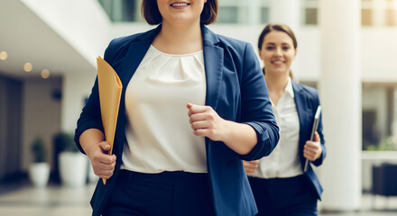 Plus size businesswoman running with folder in office hallway for deadline concept