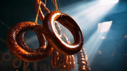 Smoked Sausages Hanging from Ropes in Dark Room with Sunlight and Shadow Effect Delicious Food Preparation and Curing Meat in Traditional Style Low Angle View