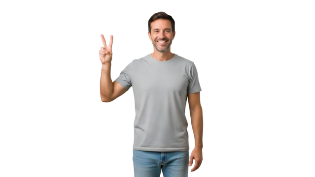 Smiling man showing peace sign gesture isolated on transparent background