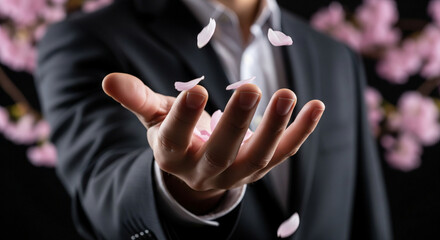 Businessperson hand catching falling cherry blossom petals for opportunity concept