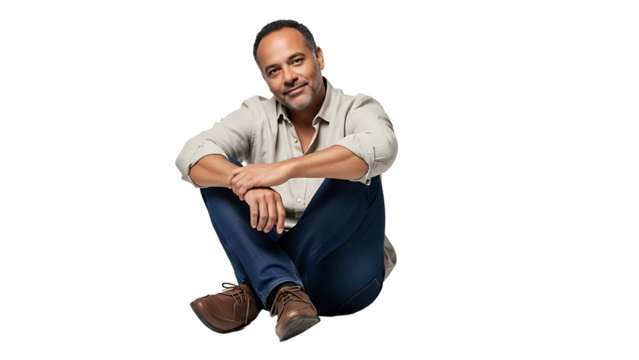 Smiling middle aged man sitting cross legged isolated on transparent background
