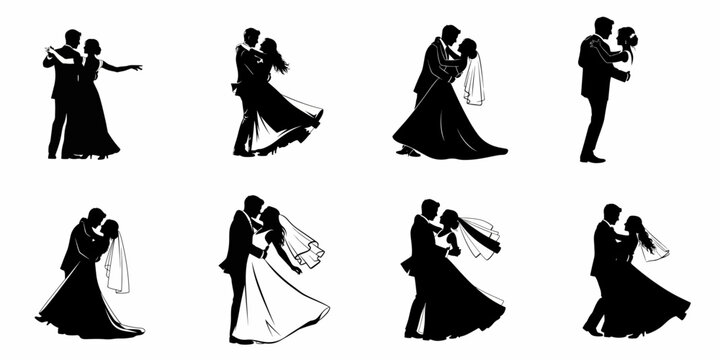 Eight black silhouette illustrations of married couples dancing, embracing, and celebrating their wedding day, symbolizing romance and eternal love.