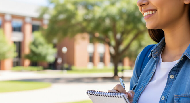 Smiling female student writing goals in notebook for new semester or beginning