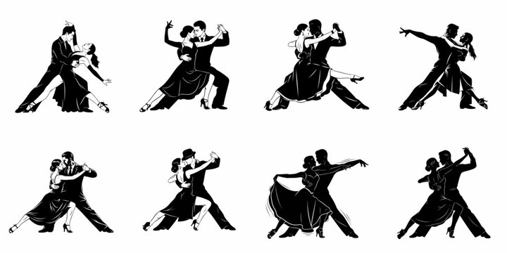 Dynamic collection of black vector silhouettes illustrating eight romantic couples performing sensual tango and dramatic ballroom dance poses.