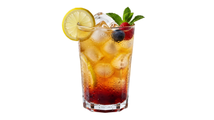 Refreshing iced tea cocktail with lemon, berry, and mint isolated on transparent background