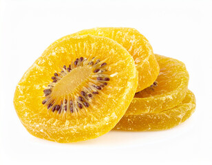 Dried golden kiwi fruit slices isolated on a white background