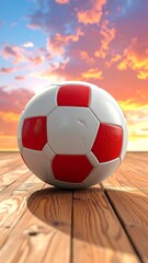 Red and white soccer ball on a wooden surface with a vibrant sunset sky in the background.