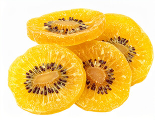 Dried golden kiwi fruit slices isolated on a white background