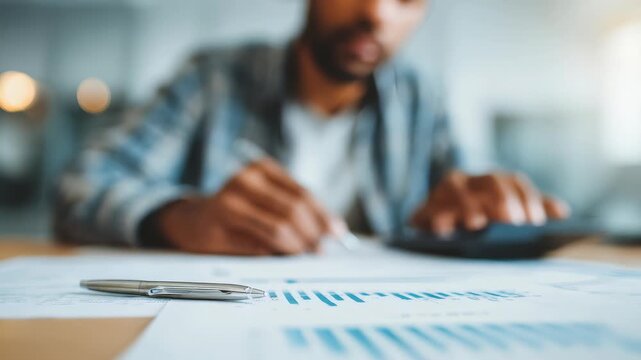Young professional reviews financial data and business analytics, highlighting productivity and concentration. Office environment emphasizes modern corporate trends and analytical thinking