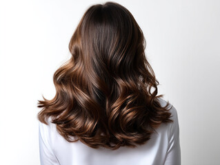 Naklejka premium Wavy brown hair model back view, healthy shiny hairstyle, smooth texture, natural beauty, white background, elegant style