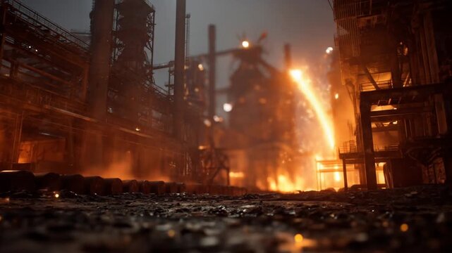 Intense molten metal pour at a dark, fiery steel production plant, highlighting heavy industry, heat, and manufacturing.
