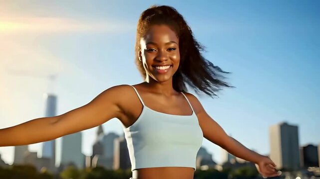 Happy Black woman spinning with arms outstretched on sunny city rooftop