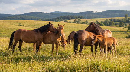 Obraz premium Group of Horses Grazing in a Meadow — Social Nature and Connection to Nature 