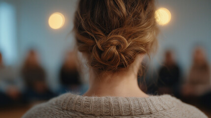 Rear view of woman with hair bun in knitted sweater during indoor group session with soft focus lighting