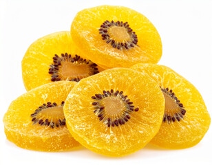 Dried golden kiwi fruit slices isolated on a white background