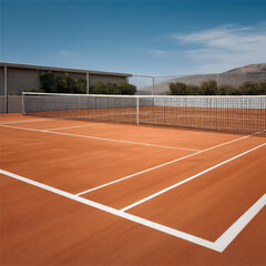Orange clay tennis court with white lines under clear blue sky, outdoor sports facility, peaceful and sunny atmosphere, mountain background