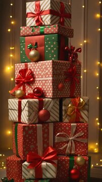 Stacked Christmas gifts arranged vertically with ribbons and warm cozy lighting. Suitable for promotional gift content, holiday sales videos, and vertical B-roll.