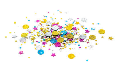 Pile of colorful glitter confetti shapes isolated on transparent background