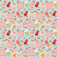 Dessert food seamless pattern with cupcakes, donut, ice cream