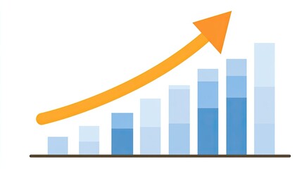 Business growth bar chart with rising orange arrow.