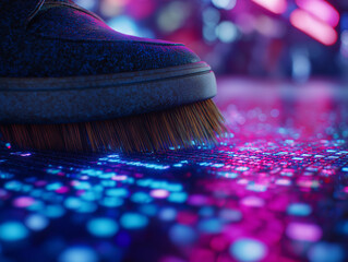 Neon-Lit Sole on a Reflective Disco Floor with Vibrant Blue and Magenta Lighting