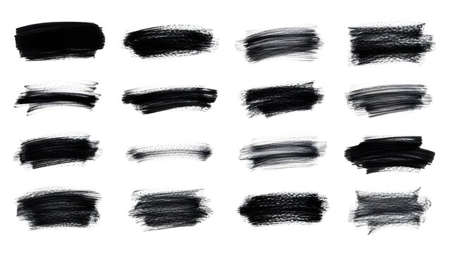 Set of black watercolor brush strokes textured paint splashes and smudges for artistic design elemen