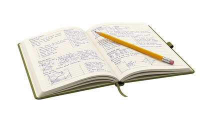 Obraz premium Open notebook with scribbles and a yellow pencil isolated on transparent background