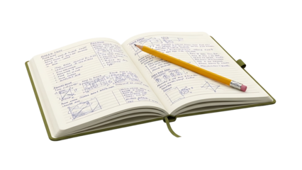 Open notebook with scribbles and a yellow pencil isolated on transparent background