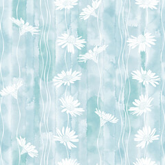 Chamomile on a blue watercolor background. Stylish vector seamless pattern. Abstract nature background.  Perfect for design templates, wallpaper, wrapping, fabric, print and textile.