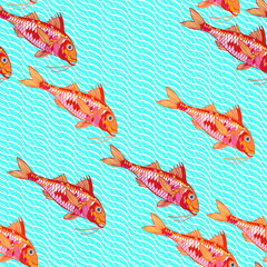 Red mullet. Stylish seamless pattern with cute bright sea fish on turquoise waves background.  Vector. Diagonal composition. Perfect for design templates, wallpaper, wrapping, fabric, print and textil