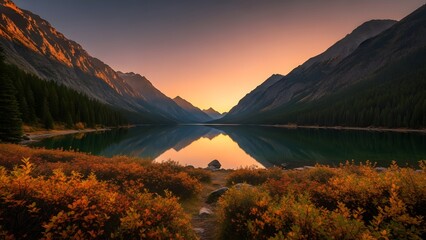 Serene mountain lake at sunset reflecting golden sky and autumn foliage peaceful wilderness landscap