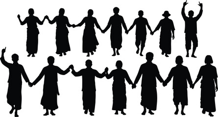 Unity, culture, silhouette, posture, gesture, hand-holding, walk, stand, robe, tradition, group, celebration, identity, social, vector, black, pose, setup, flavector, collective