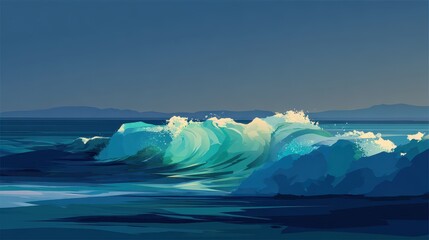 Pixelated Ocean Wave Breaking On Shore Under Cloudy Sky With Turquoise And Blue Tones