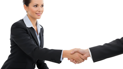 Businesswoman shaking hand with partner isolated on transparent background