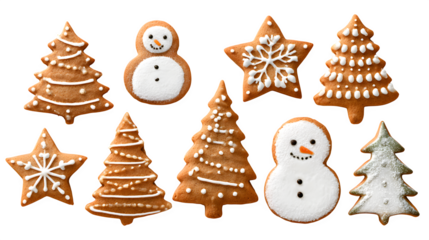 Set of gingerbread cookies shaped like trees, stars, and snowmen isolated on white background