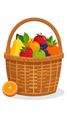Assortment of Fresh, Ripe Fruits in a Woven Basket with an Orange Slice.