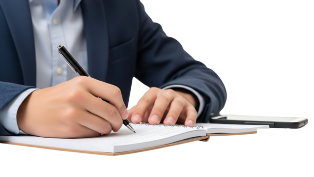 Businessman hand writing on notebook isolated on transparent background - Powered by Adobe