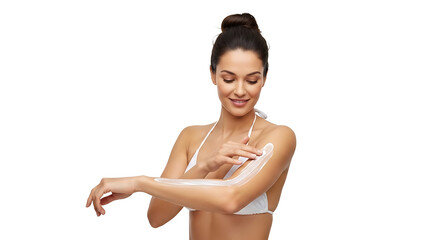 Woman applying body lotion or cream to her arm isolated on transparent background