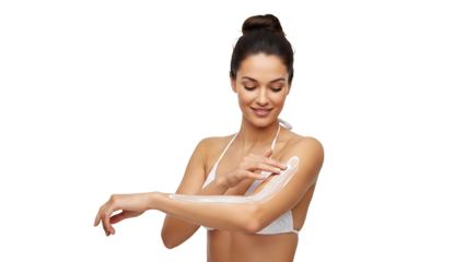 Woman applying body lotion or cream to her arm isolated on transparent background