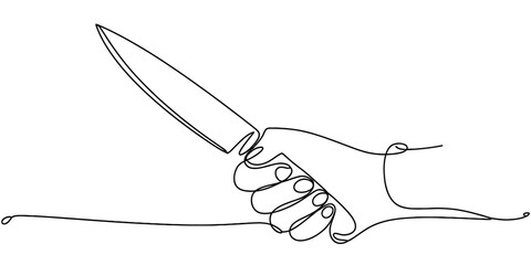 Continuous line drawing of a hand gripping a sharp kitchen knife, symbolizing culinary arts, potential danger, and precise cutting. Vector, illustration