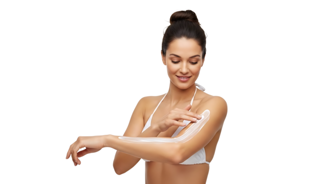 Woman applying body lotion or cream to her arm isolated on transparent background - Powered by Adobe